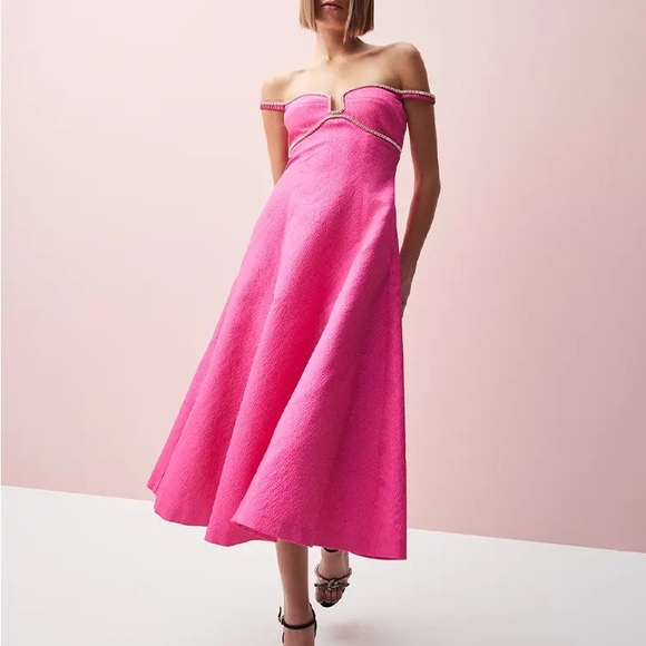 NWT Self-Portrait Pink Strapless A-line Off-Shoulder Flared Midi Dress Prom - Picture 4 of 15
